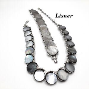 Vintage Lisner Mother of Pearl Necklace Bracelet Set, 1960s Rhinestone Jewelry